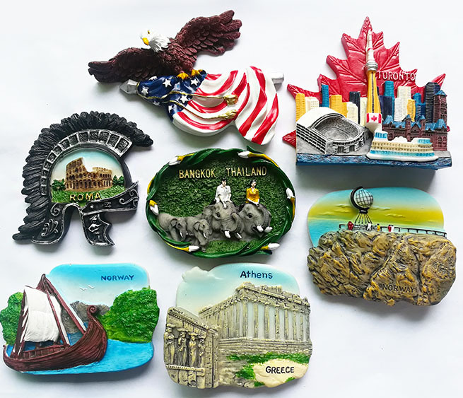 Wholesale of tourist souvenirs, resin fridge magnets and magnetic stickers from the United States, Greece, Canada, Toronto, Norway, Rome and Thailand