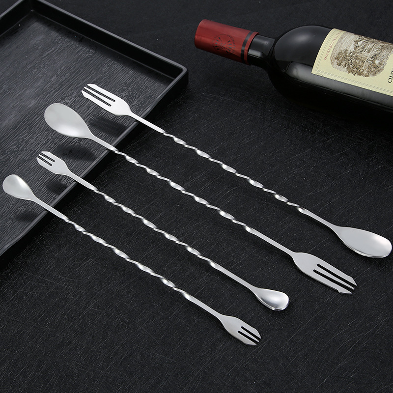 Mixing Spoon 304 Stainless Steel Bar Spoon Ice Spoon Double-Ended Mixing Spoon Fork Long Handle Cocktail Spoon details Picture
