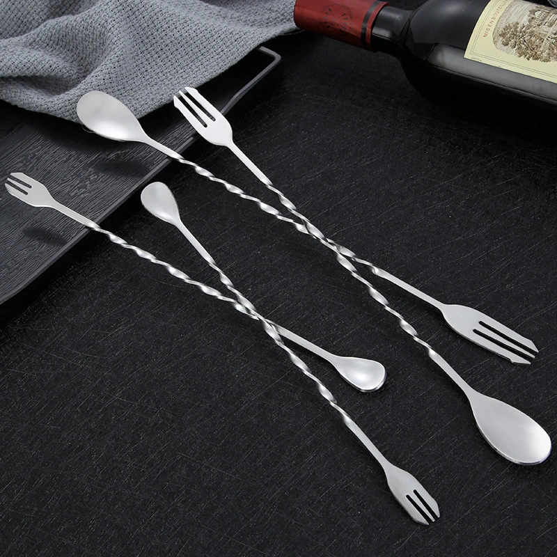 Mixing Spoon 304 Stainless Steel Bar Spoon Ice Spoon Double-Ended Mixing Spoon Fork Long Handle Cocktail Spoon