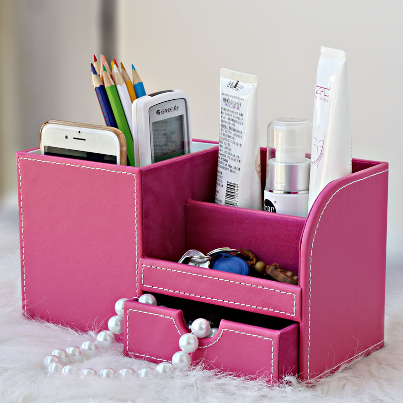 High-end leather pen holder, light luxury, creative and fashionable student desktop office stationery storage box, drawer-style storage pen holder details Picture