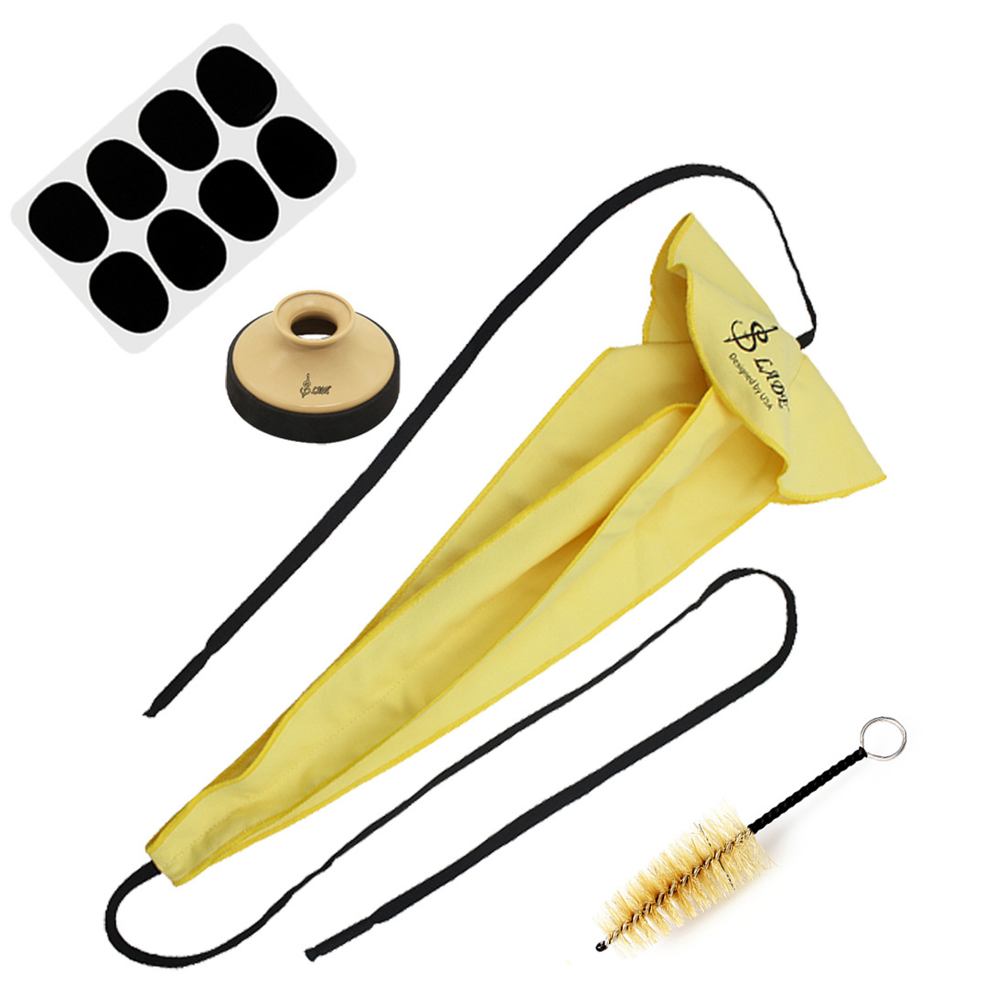 Saxophone cleaning 4-piece set, three-dimensional through-strip cloth tooth pad, ABS damper, mouthpiece brush, saxophone maintenance 4-piece set Specification image