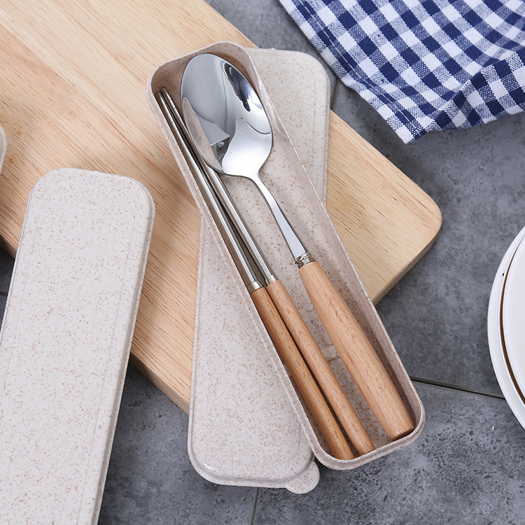 Stainless Steel Chopsticks Wooden Handle Spoon Set Portable Tableware Two-Piece Set Student Chopsticks Box Long Handle Specification drawing