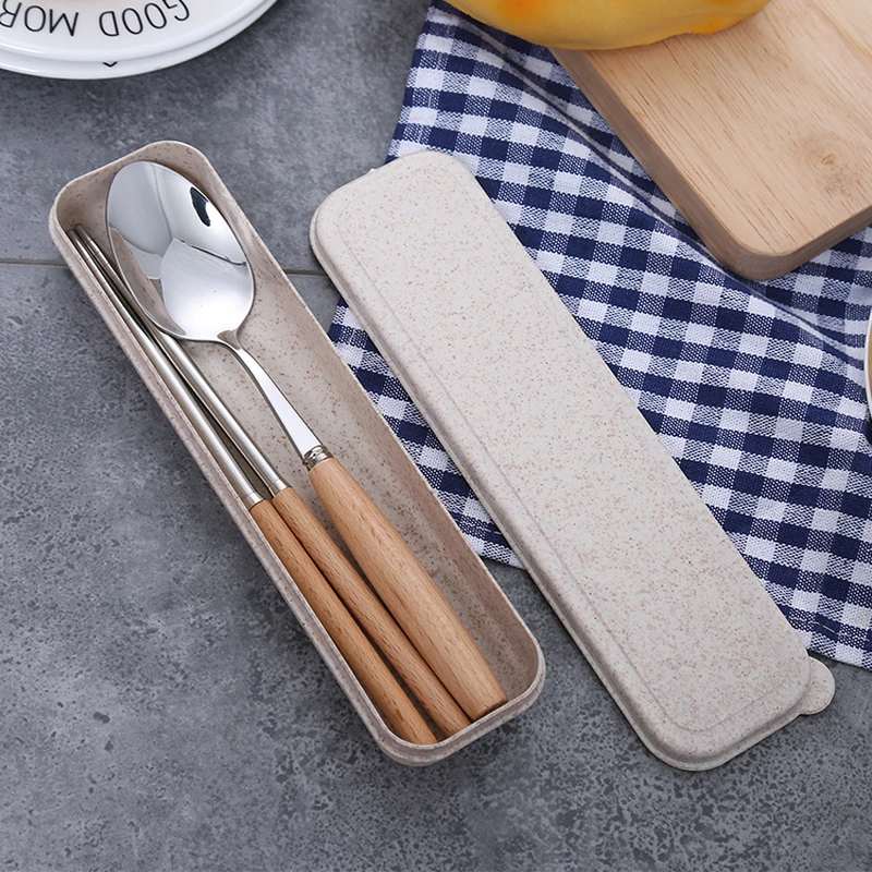 Stainless Steel Chopsticks Wooden Handle Spoon Set Portable Tableware Two-Piece Set Student Chopsticks Box Long Handle