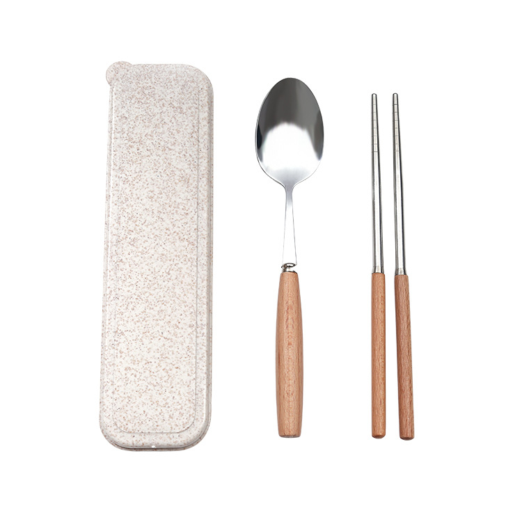 Stainless Steel Chopsticks Wooden Handle Spoon Set Portable Tableware Two-Piece Set Student Chopsticks Box Long Handle Item Picture