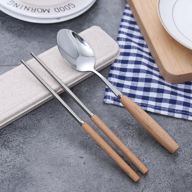Stainless Steel Chopsticks Wooden Handle Spoon Set Portable Tableware Two-Piece Set Student Chopsticks Box Long Handle details Picture