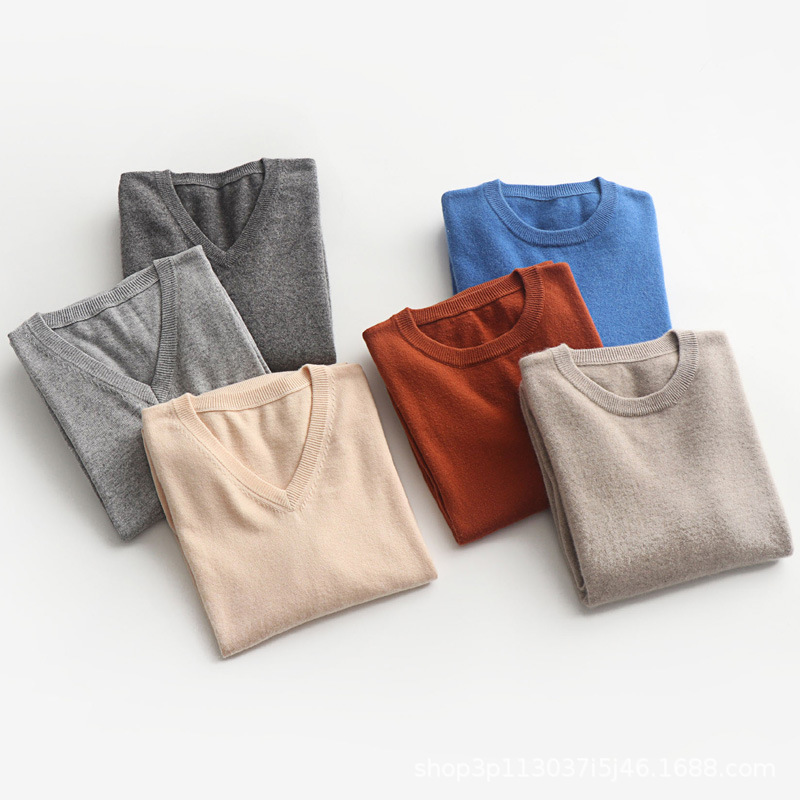 New autumn and winter men's round-neck knitted loose sweater base layer V-neck pullover wool sweater solid color large size sweater