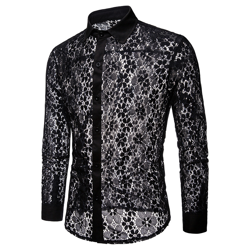 2018 Autumn New all-lace fashion nightclub stage wear men's long-sleeved lapel shirt CS76