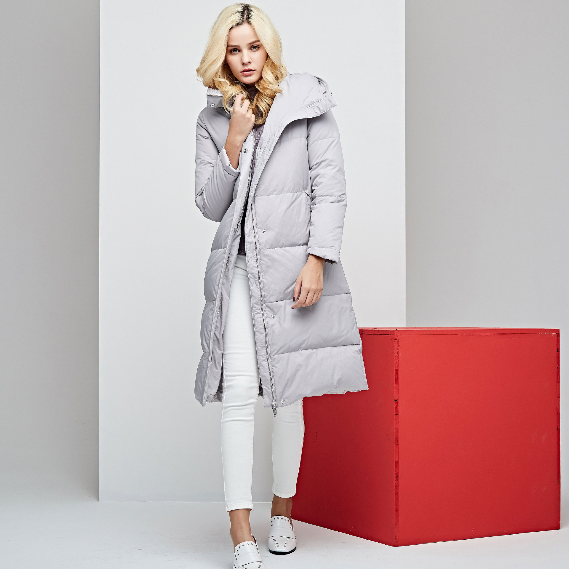 Winter women's 90-inch goose down mid-length knee-length coat with hood, long thickened warm goose down jacket