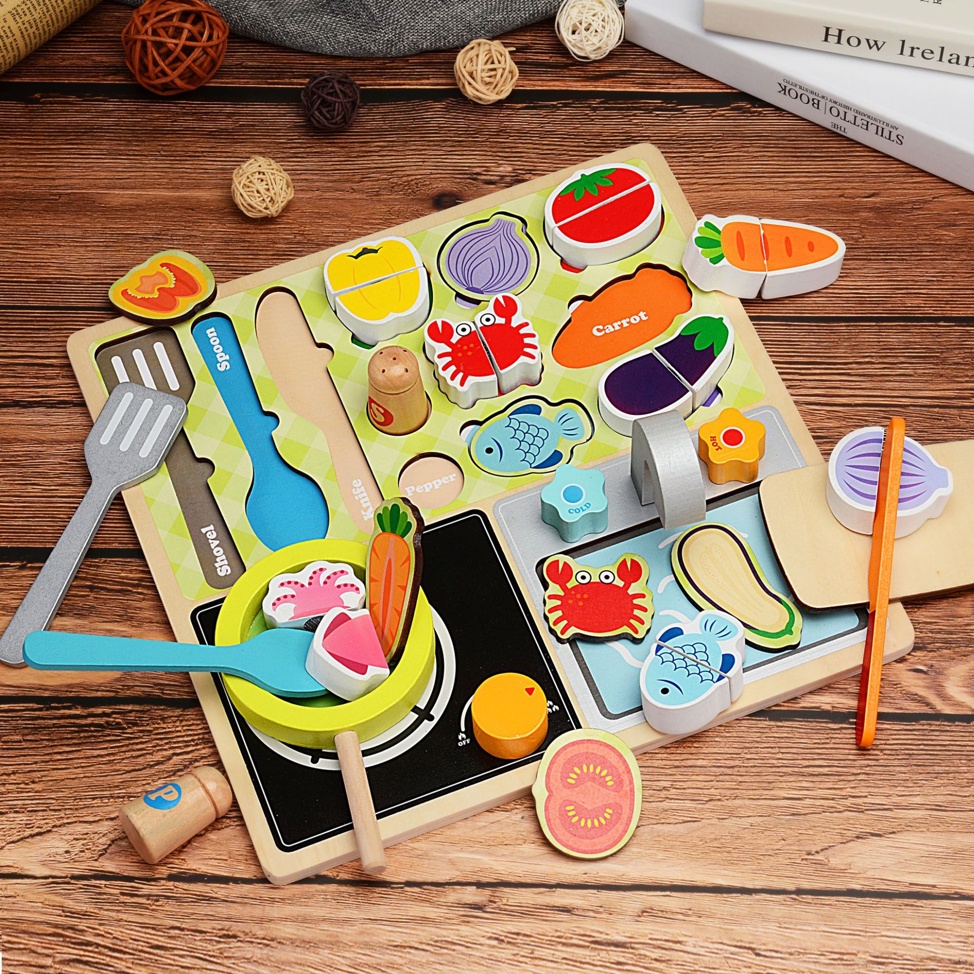 Wooden jigsaw puzzle children cut fruit toy girl kitchen cut watch boy play house cut music barbecue set full figure