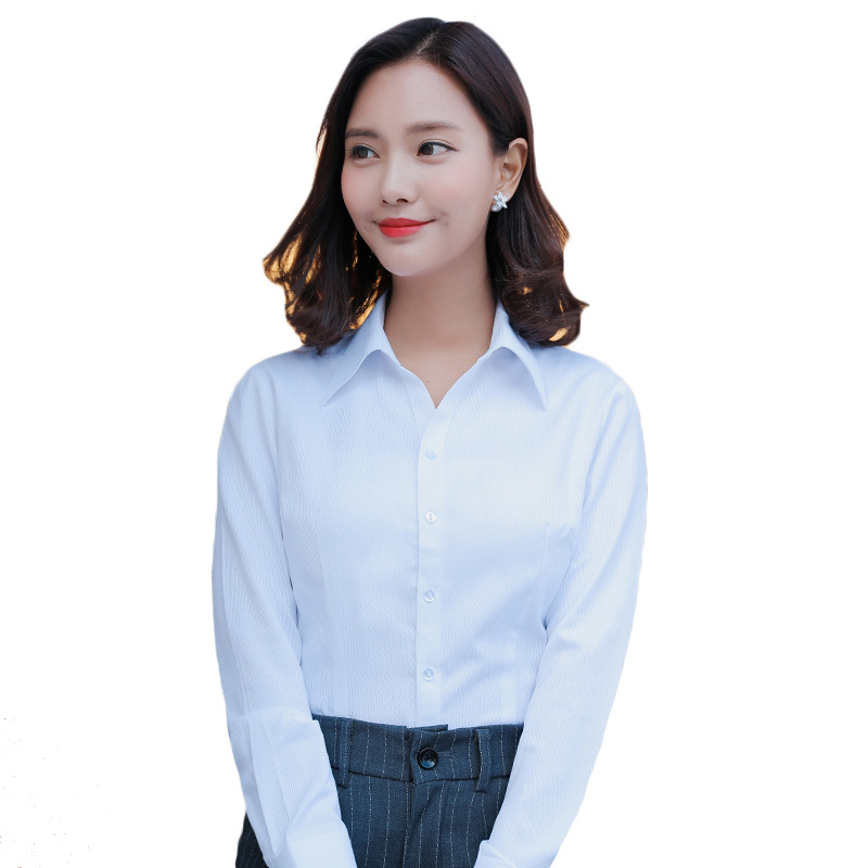 2024 New style long-sleeved white shirt for women, OL fitted business attire, interview work clothes, cotton V-neck shirt, formal collar Item Picture