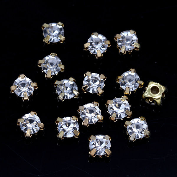 厂家直销 3-10mm 金底单爪玻璃水晶手缝钻 DIY婚纱服饰礼服爪钻白底实物图