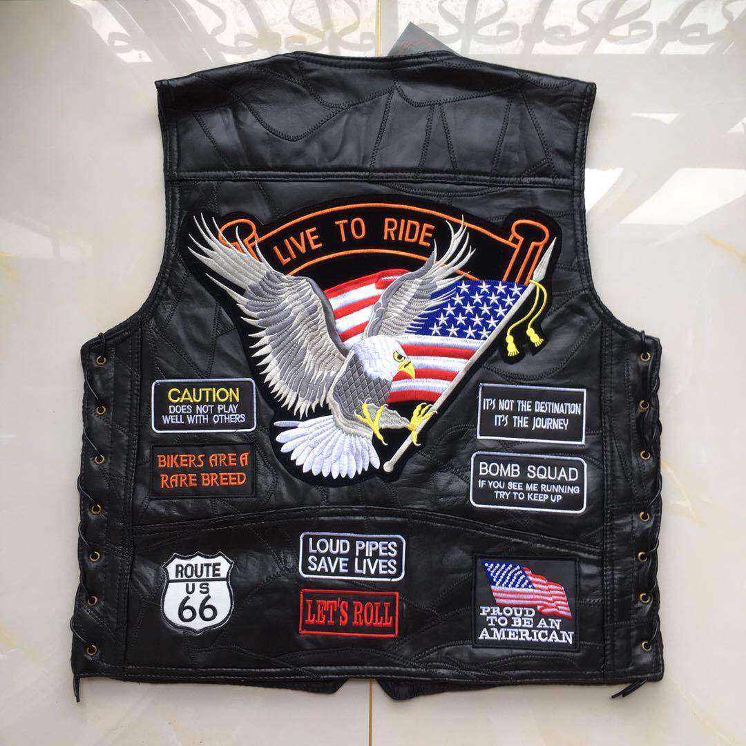 American super cool motorcycle riding vest, leather vest, men's leather waistcoat, embroidered badge, net version, multiple types of waistcoats details Picture