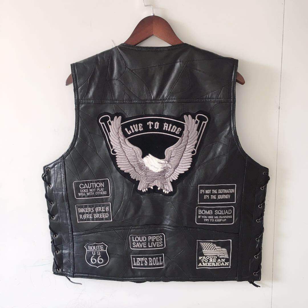American super cool motorcycle riding vest, leather vest, men's leather waistcoat, embroidered badge, net version, multiple types of waistcoats Application Scenario