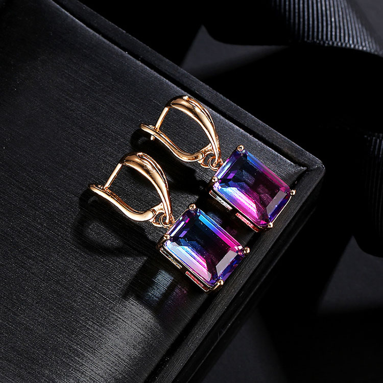 Rectangular zircon earring, Christmas tourmaline color element plated KC gold large earrings, AliExpress profit style for Europe and America details Picture