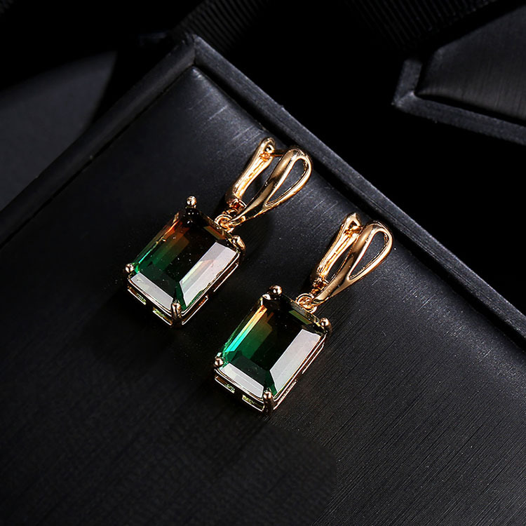 Rectangular zircon earring, Christmas tourmaline color element plated KC gold large earrings, AliExpress profit style for Europe and America Application Scenario