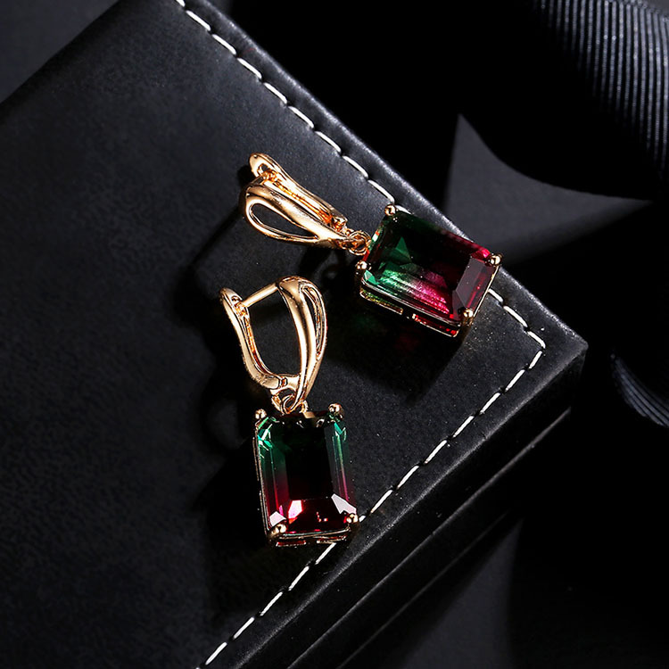 Rectangular zircon earring, Christmas tourmaline color element plated KC gold large earrings, AliExpress profit style for Europe and America Specification image