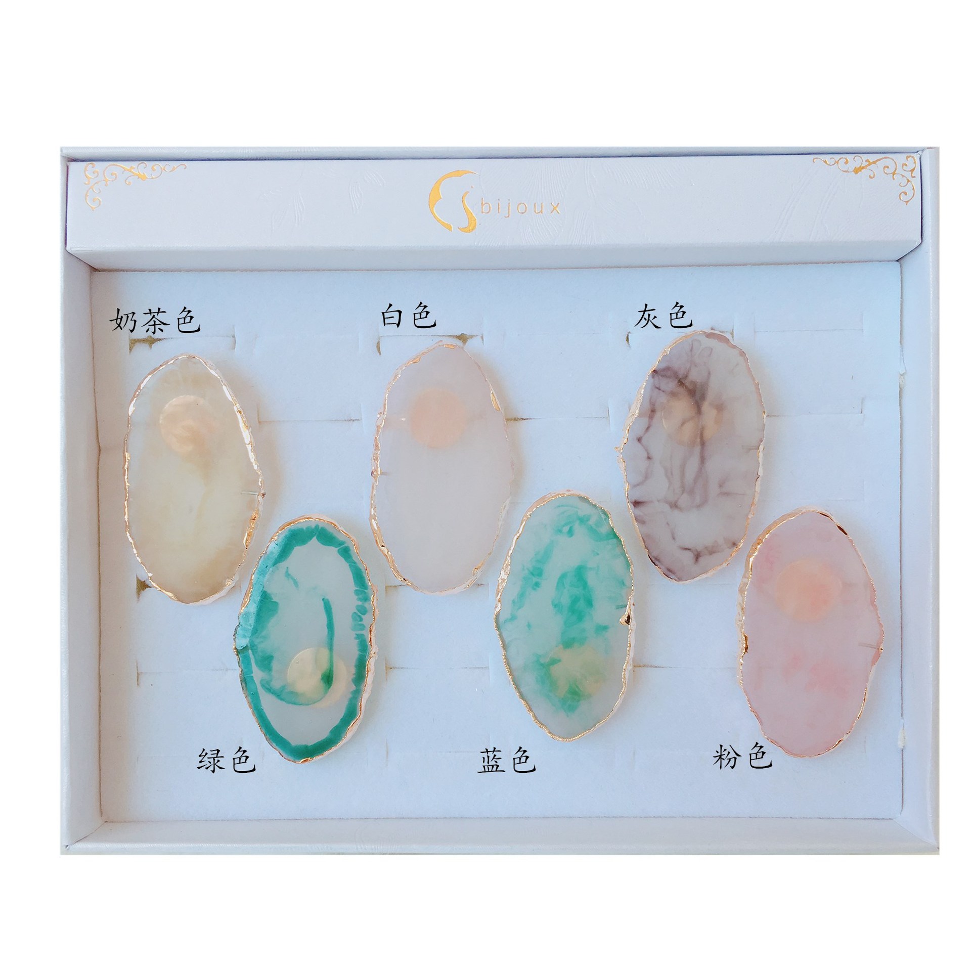 A new Japanese-style mini nail ring with adjustable color palette featuring shell, pine resin, jade and agate patterns Item Picture