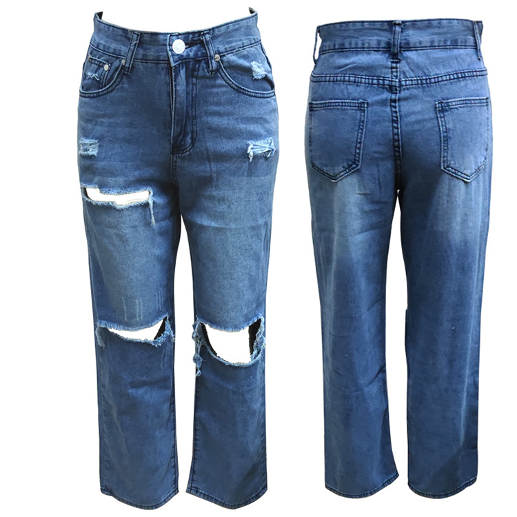 Amazon AliExpress eaby European and American export high-waisted, wide-leg, thin, large-sized ripped jeans for women Application Scenario