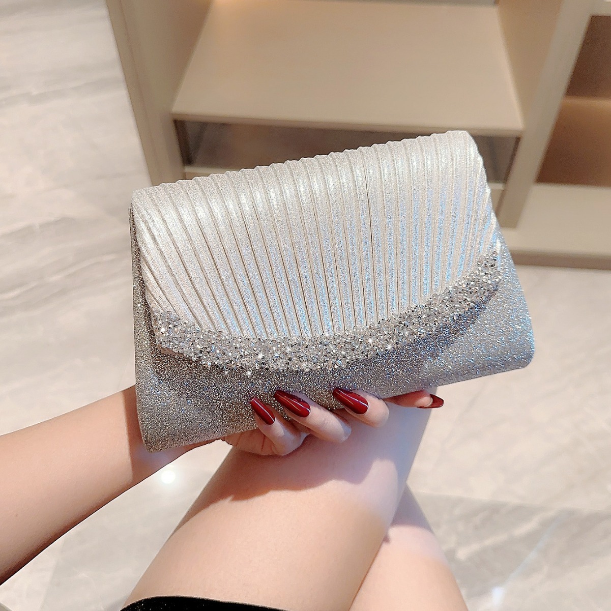 Glitter Dinner Bag Silver Pleated Diamond Premium Touch Clutch Bag With Dress Bag Celebrity Bag Crossbody Chain Bag
