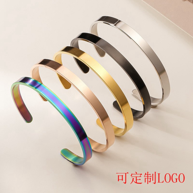 钛钢手镯厂家批发开口可调节电镀手环女刻图案福字logo不锈钢手镯