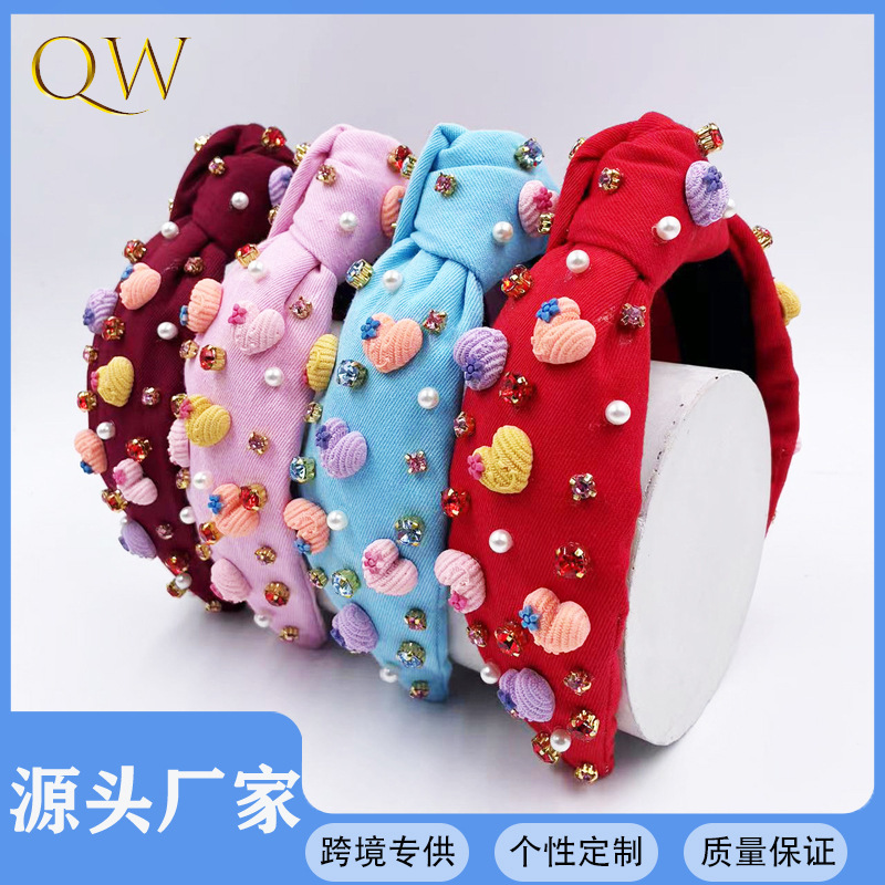 Qiwei Accessories Exclusive, Qiwei Accessories Exclusive, Qiwei Accessories Exclusive Valentine's Day New diamond-encrusted pearl, small heart-shaped knot, fashionable high head, solid color cotton headband, hair band for women