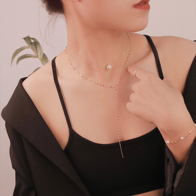 S925 silver necklace Double-layer Y pearl necklace women's design sense niche delicate light luxury 2022 new neckwear Application Scenario
