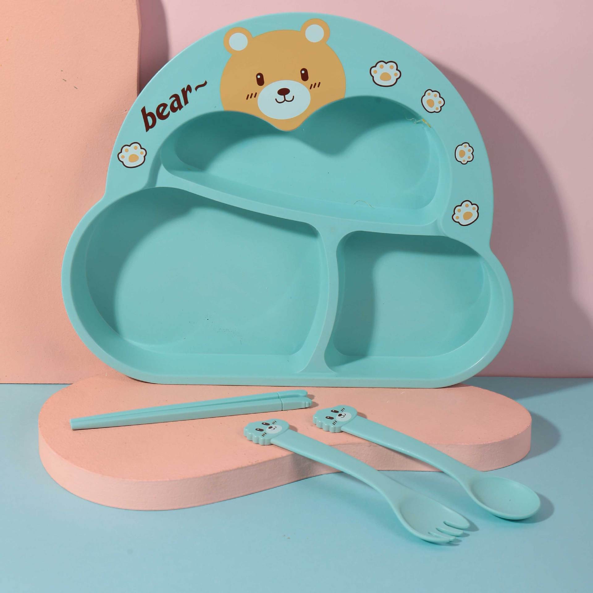Small Bamboo Fiber Antibacterial Baby Tableware Children's Chicken Plate Kindergarten Bear Plate 4 Sets Specification drawing