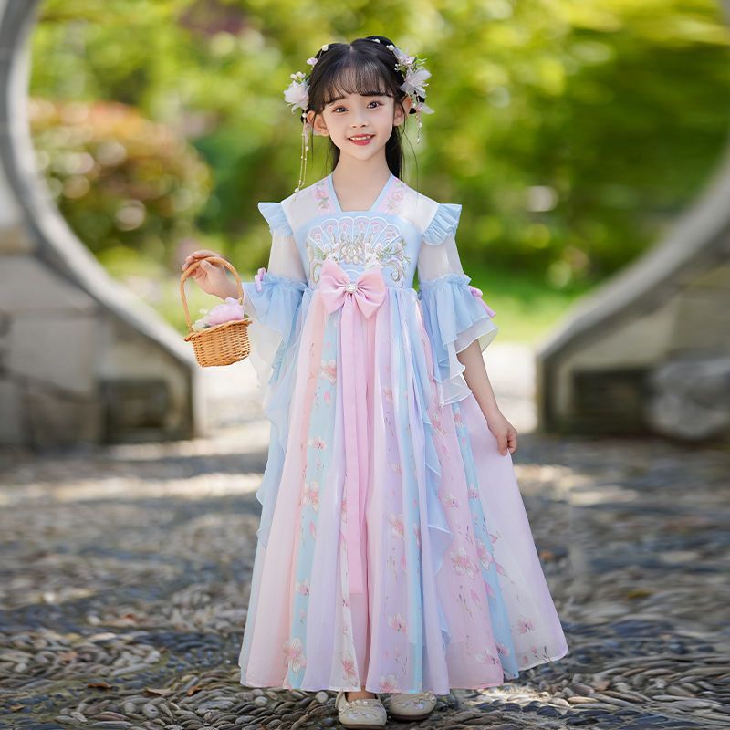 National Trend - Girls' Hanfu Summer 2026 New Children's Ancient Dress Super Fairy Ancient Style Princess Dress National Style Embroidered Chiffon Dress Specification image