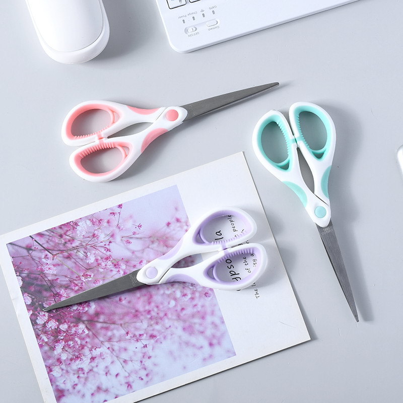 ins Macaron color art scissors wholesale two-color trumpet student stationery air cushion scissors office labor saving hand scissors details Picture