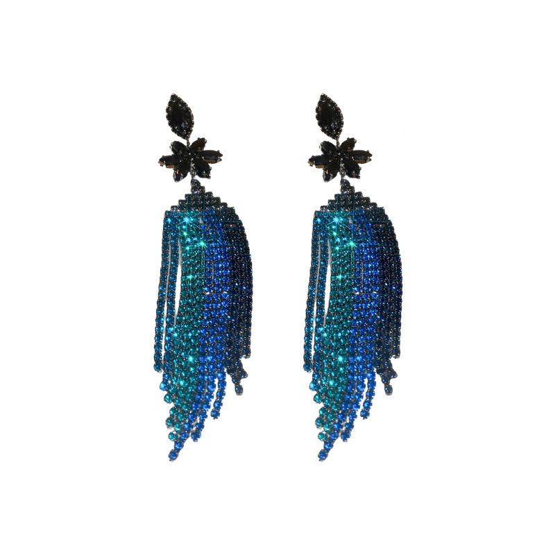 Silver needle European and American exaggerated blue diamond-encrusted geometric flower tassel earrings, cold and unique style stud earrings, fashionable earrings for women Item Picture