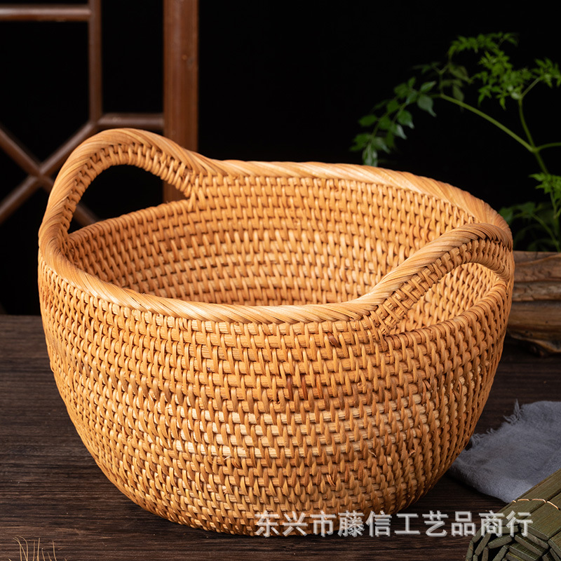 越南藤编收纳筐水果蓝圆形双耳手提框桌面零食蔬菜收纳篮