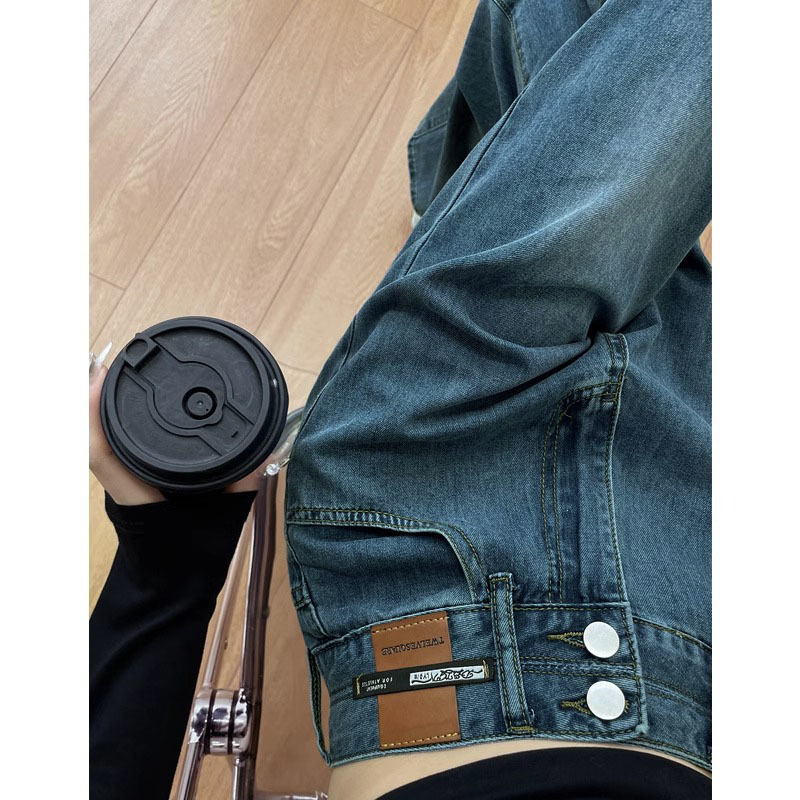 2024复古蓝新款两粒扣垂感洋气女宽松做旧简约阔腿牛仔裤高腰显XH