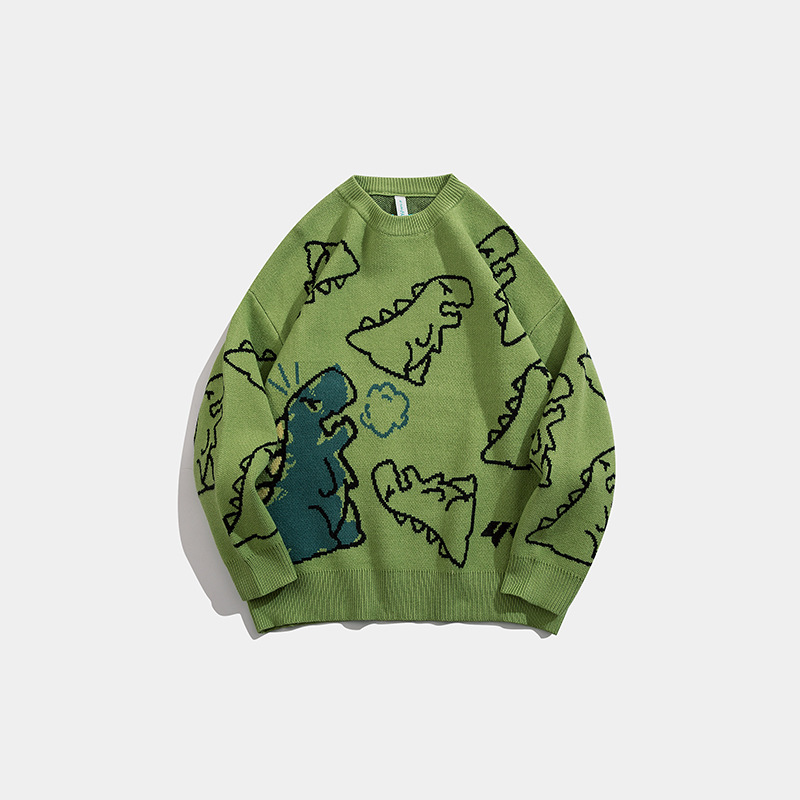 Cartoon round-neck sweater men's fashion brand autumn/Winter 2022 new ins loose Japanese dinosaur couple knitted sweater sweater sweater details Picture