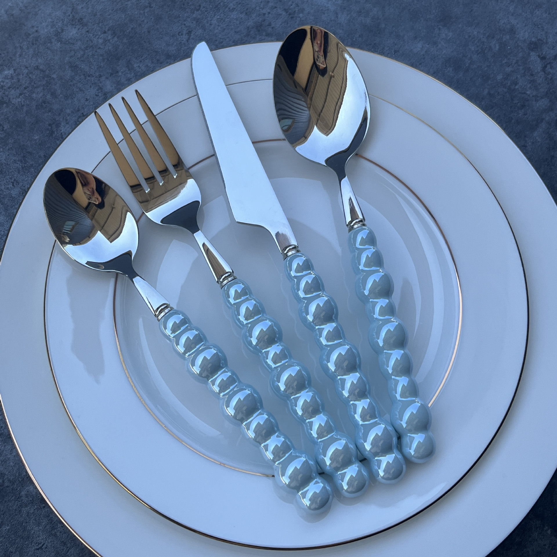 Ceramic Pearl Handle Knife, Fork And Spoon Set Home Steak Western Food 304 Stainless Steel Knife And Fork Tableware details Picture