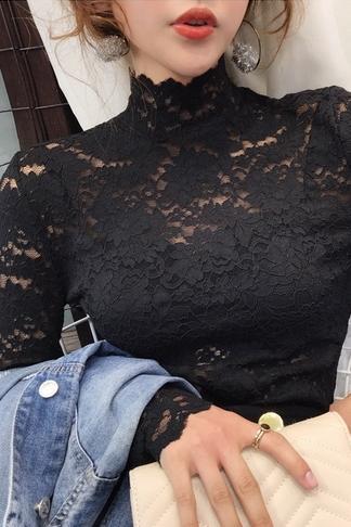 Retro high-neck, form-fitting lace shirt for women, Korean-style tight long-sleeved T-shirt with cutout base layer, 2019 autumn new style Item Picture