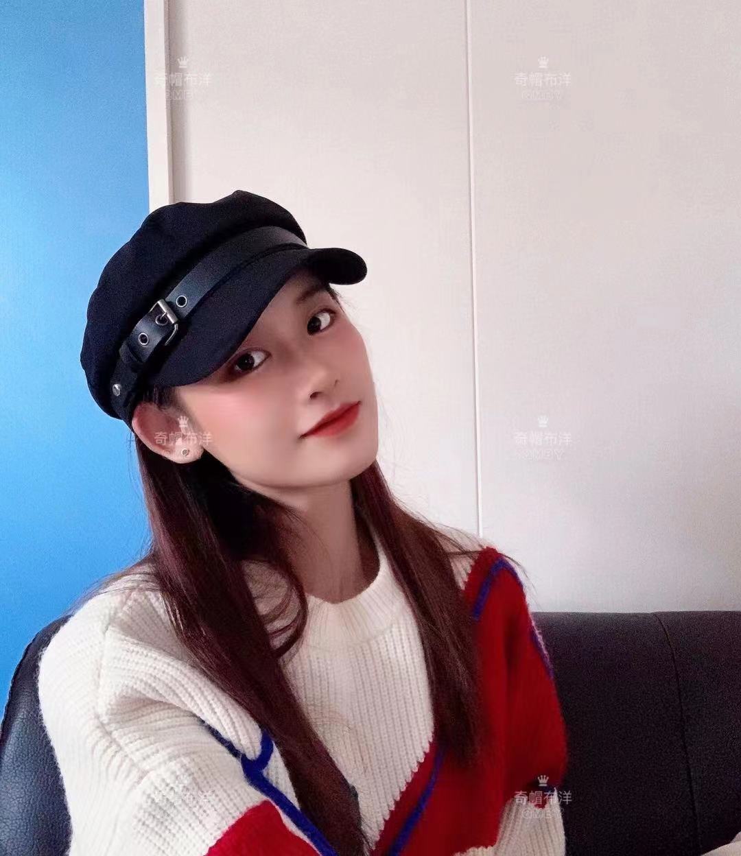 秋冬网红同款平顶帽子女韩版潮皮带扣海军帽英伦复古平顶贝雷帽
