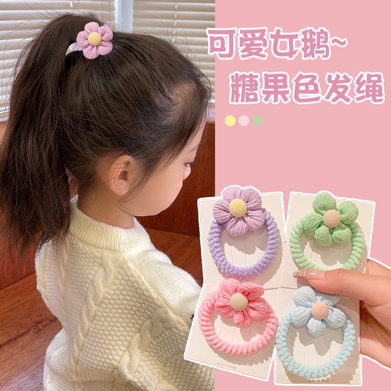 Korean Version Of Color Contrast Flowers Thick Head Rope Girl Hair Ponytail Hair Band 2023 New Children's Leather Band Flower Headwear details Picture