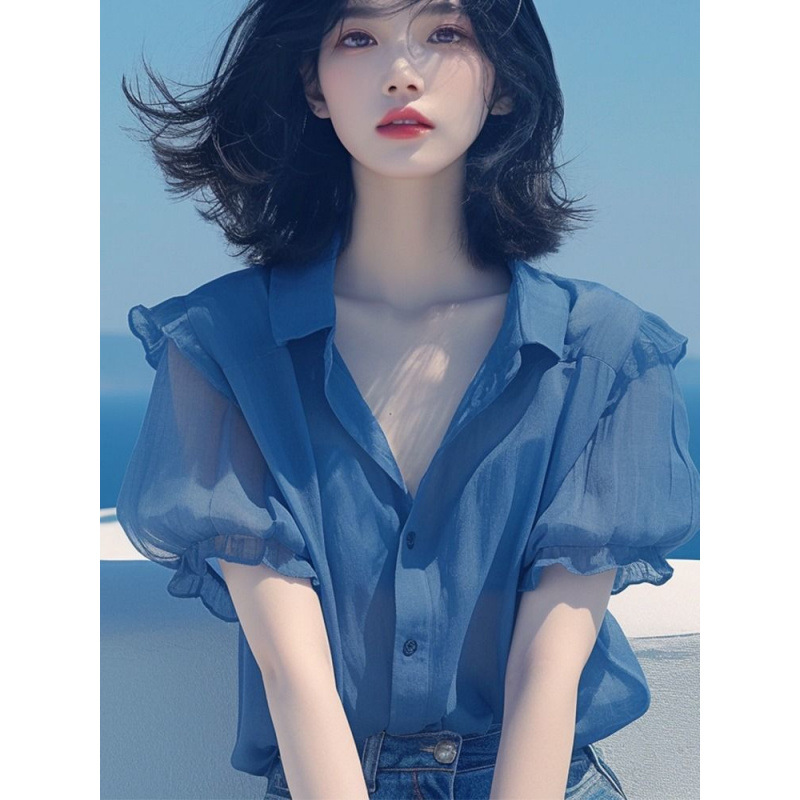French-style blue puffed-sleeve chiffon blouse for women, a new summer style that hides and slimming the body, a youthful thin shirt Application Scenario