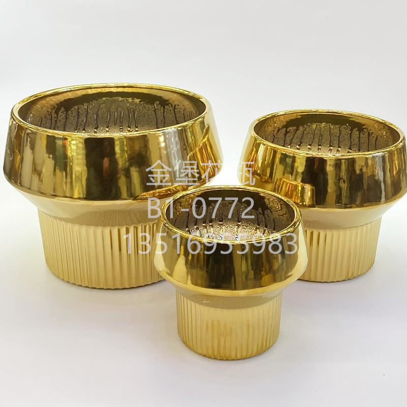 Large diameter Nordic electroplated brushed gold large flowerpot Round ceramic plant ware flowerpot outdoor household decoration Application Scenario