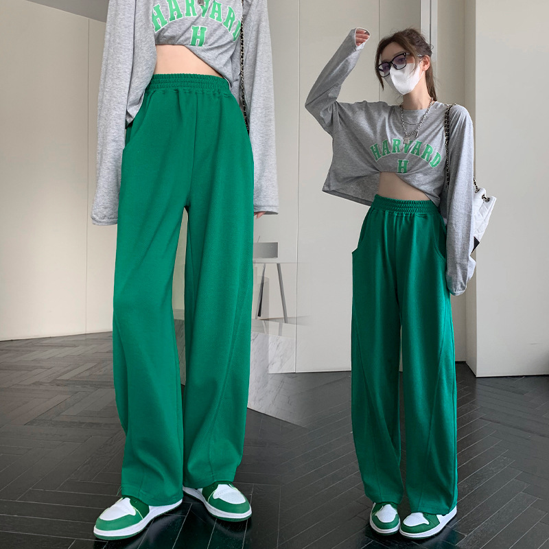 绿色高腰阔腿裤女秋季新款宽松直筒美式休闲裤垂感肌理感运动长裤