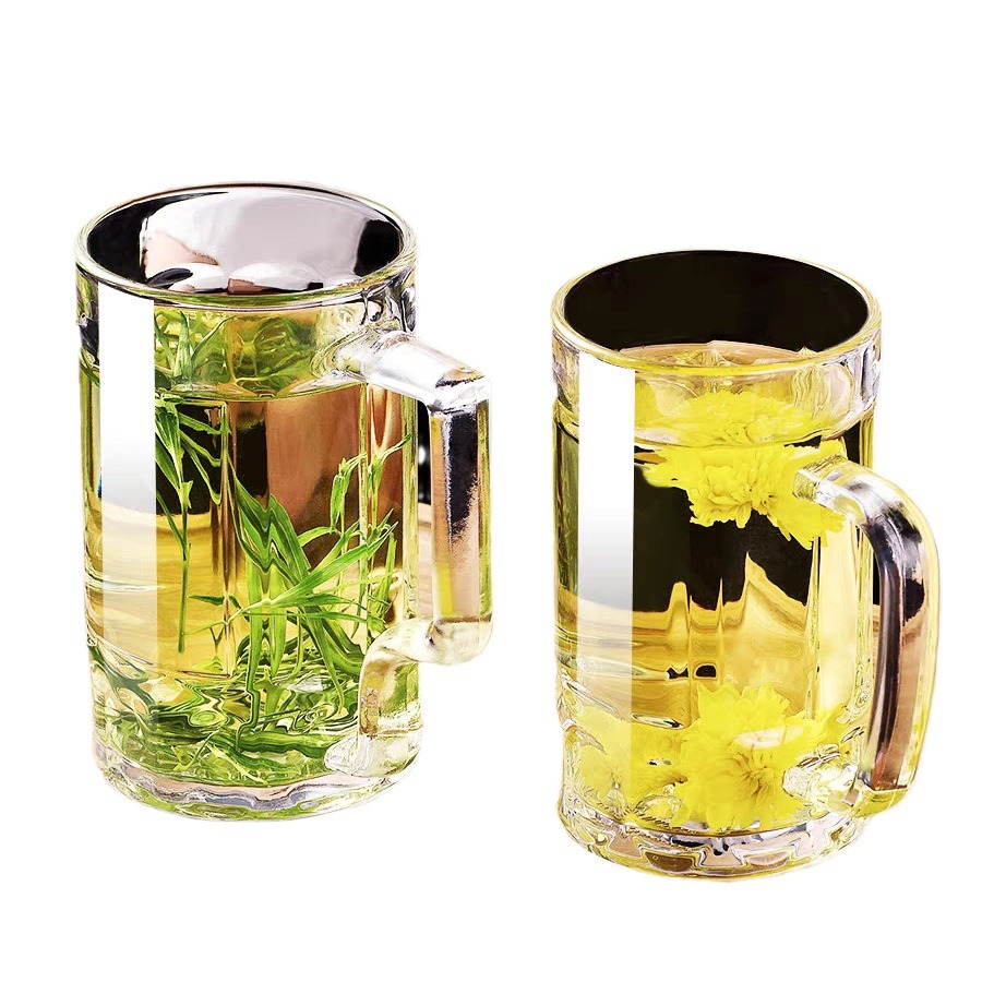 【 4-piece set 】 Large-capacity thickened beer mugs with handles, household glass cups, transparent lead-free water cups wholesale Item Picture