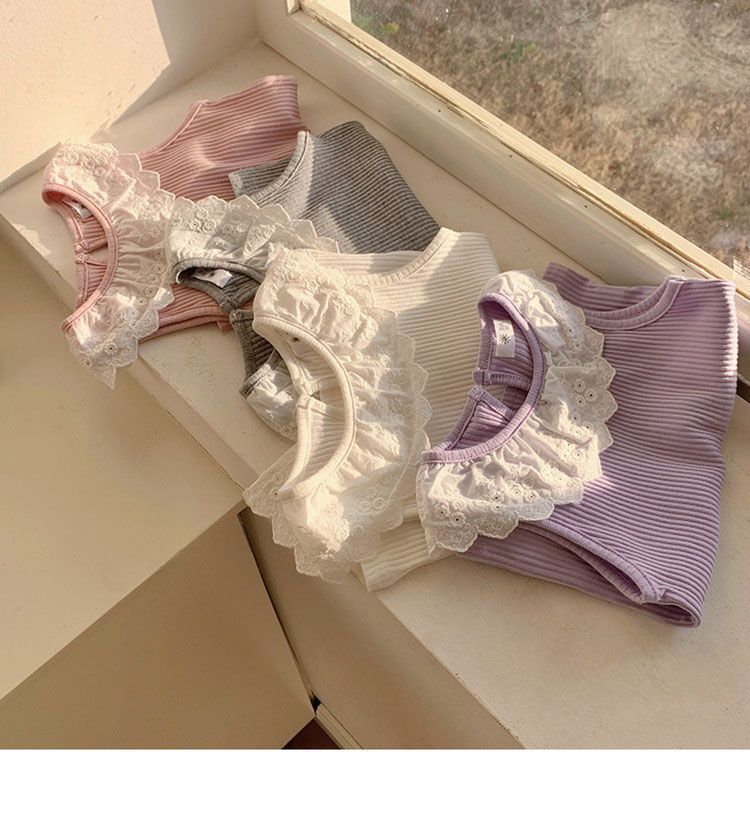 Summer lace vest T-shirt for girls, sweet and thin lace sleeveless top with ruffles for children and babies, versatile and trendy pic 3