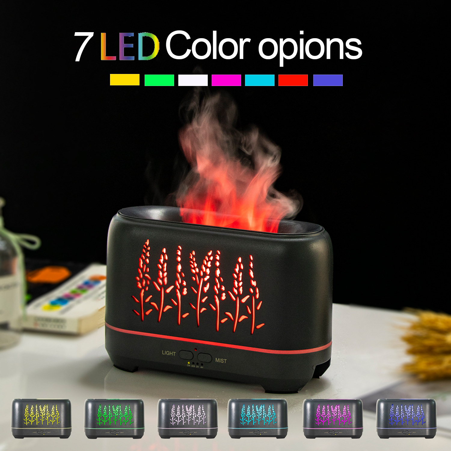 200ml wood grain aroma diffuser, hollowed-out lavender flame humidifier, flame ambient light aroma diffuser, cross-border e-commerce details Picture