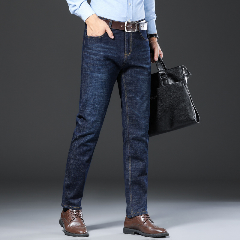 Men's spring and autumn jeans, middle-aged dad casual pants, warm badges, Korean version stretch straight-leg pants for men details Picture