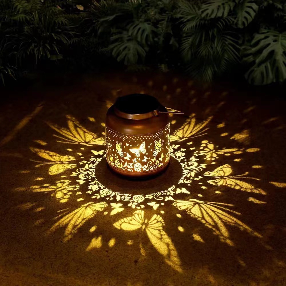 Amazon's new solar butterfly lamp, cross-border ironwork hollowed-out lamp, villa courtyard decoration, outdoor waterproof hanging lamp full figure