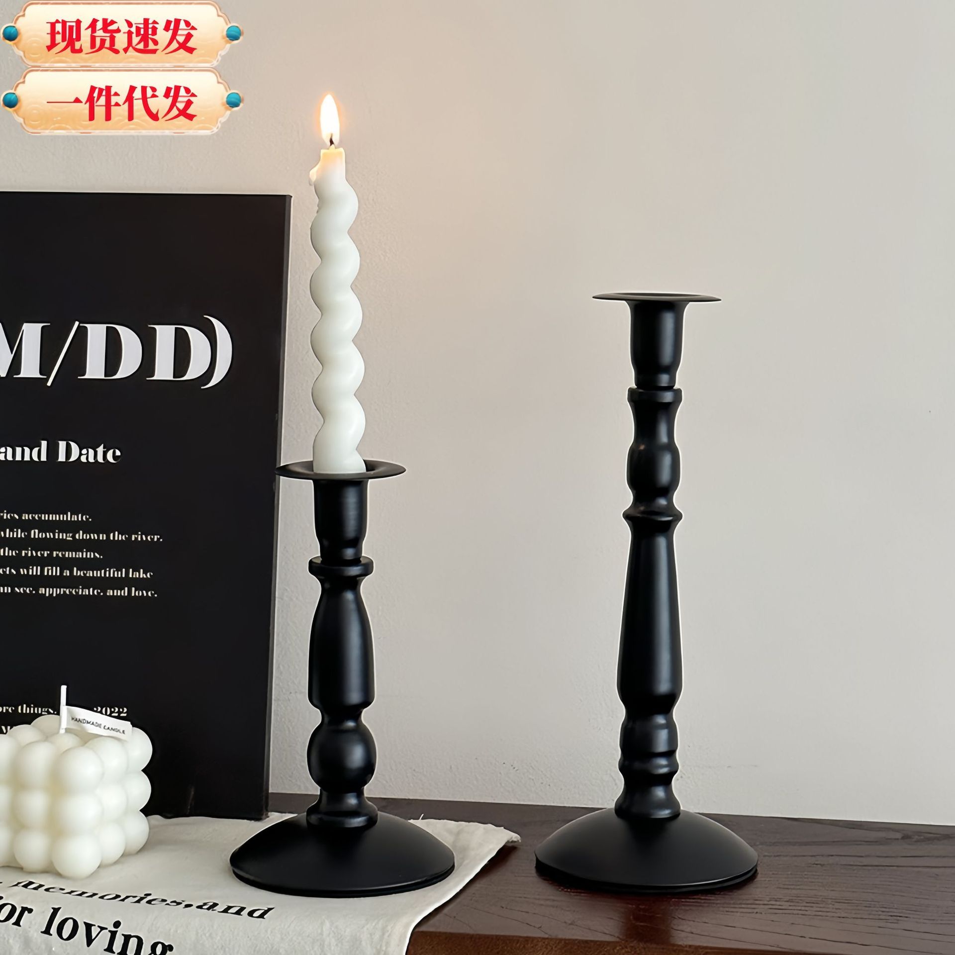 Cross-border ins American retro black iron candlestick for dining table atmosphere decoration, Roman column long candlestick