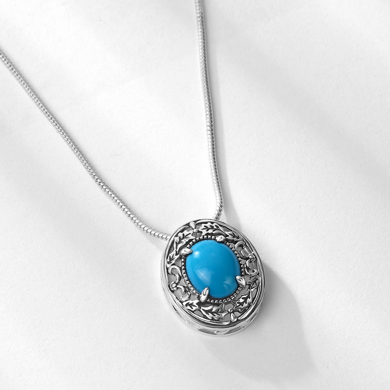 2023 New Geometric Synthetic Turquoise Necklace Female Retro Style S925 Sterling Silver Plated Platinum Necklace A Generation Hair Item Picture