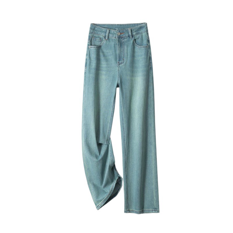 Leica four-sided blue Spring/Summer 2025 new straight-leg pants, Lyocell nine-inch original color high-waited cigarette tube pants for women details Picture