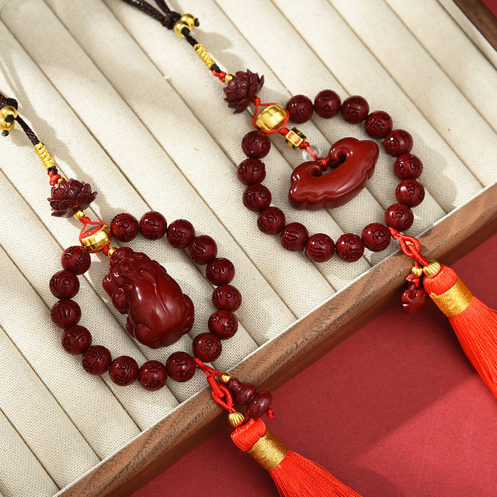 New six-character true words bead ring tassel car pendant, cinnabar lotus, little deer car rearview mirror interior hanging accessory, national trend details Picture