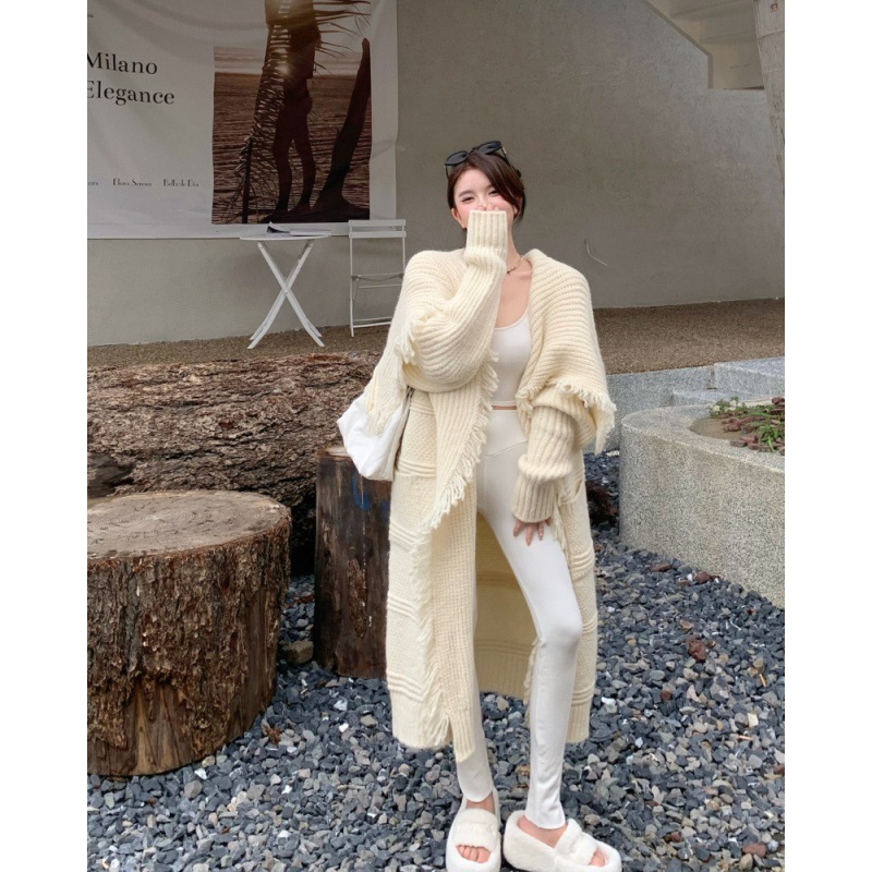 A laid-back, gentle fringed sweater and cape for women's autumn 2022 new mid-length cardigan c1916